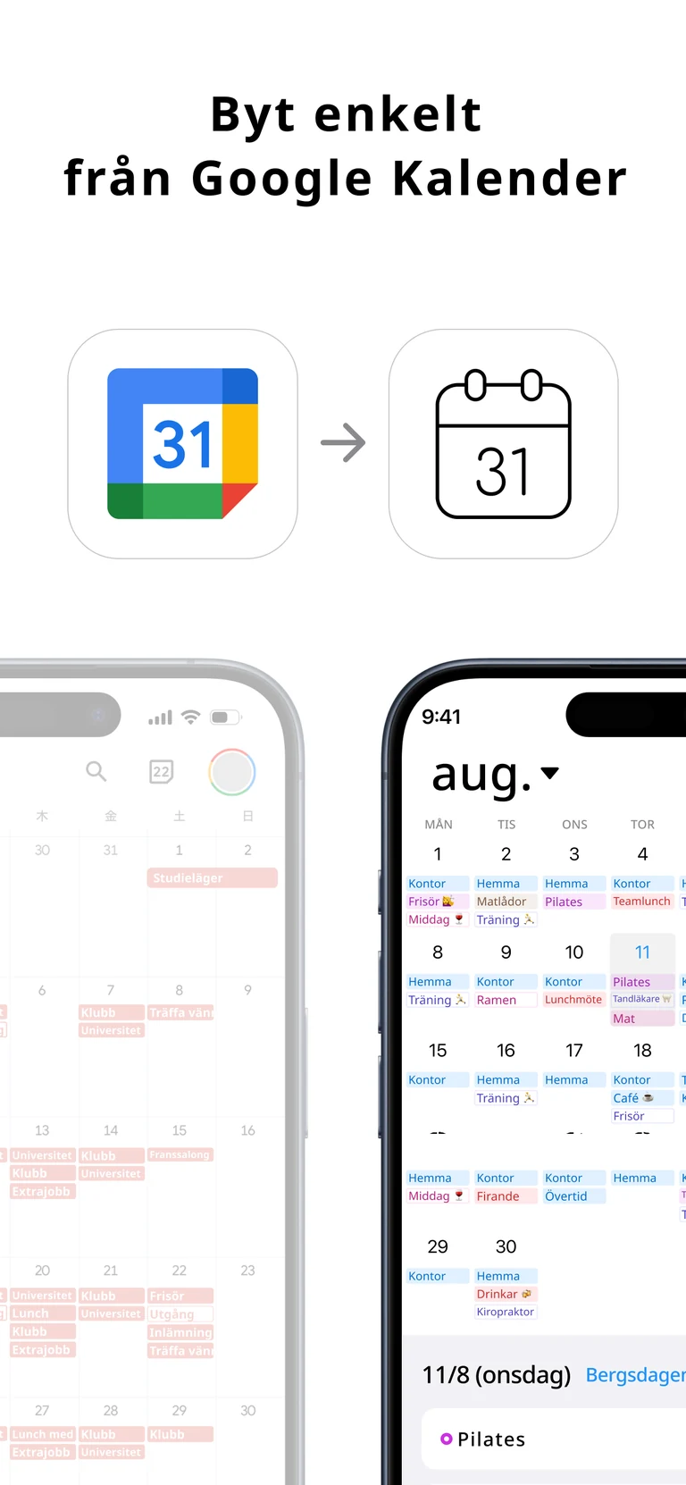 Skärm för integration med Google Kalender